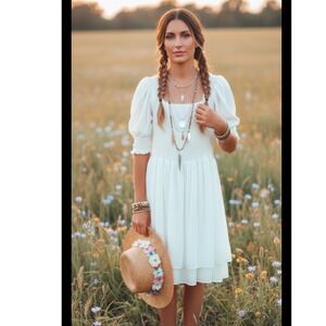 1.STATE White Smocked Mini Dress Puff Sleeve Cottagecore Square Neck Tiered L